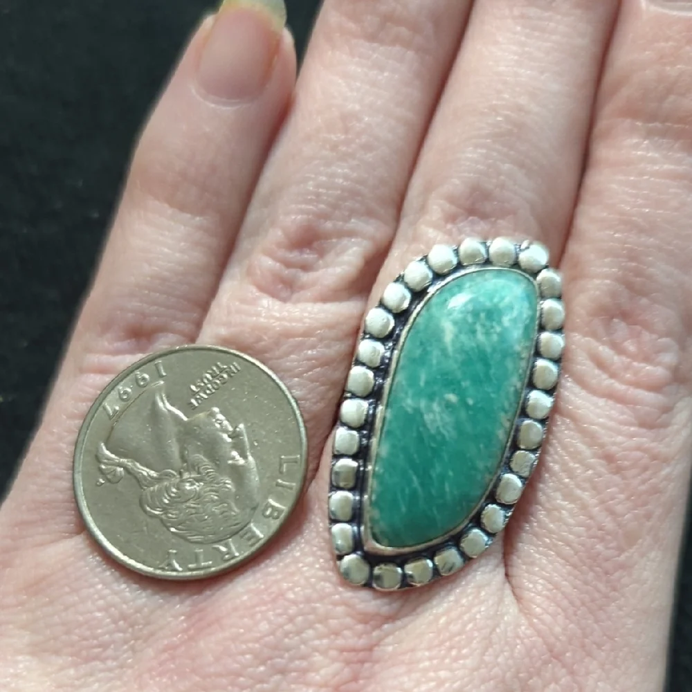 Silver Plated Teal Blue Green Amazonite Gemstone Statement Ring - size 8